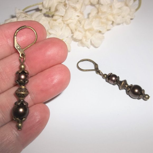Brown Earrings, Brown Earring Set, Brown Pearl Earrings, Boho Earrings, NWT 7480 - Picture 6 of 8